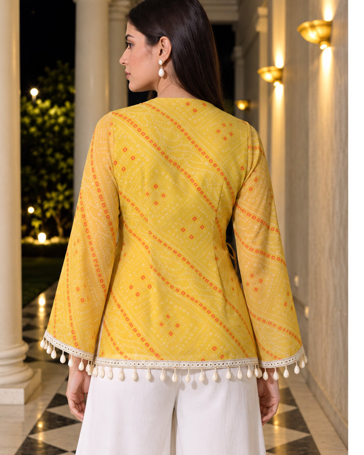 Kiara, Bandhani, Indo-Western angrakha sharara set(YELLOW)