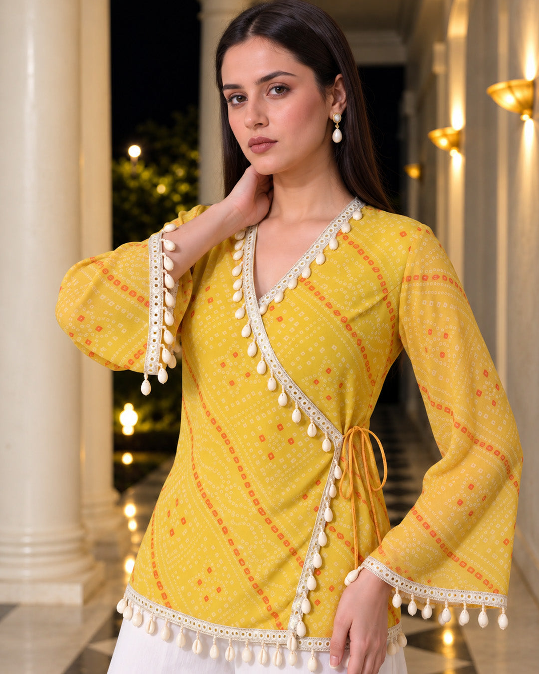 Kiara, Bandhani, Indo-Western angrakha sharara set(YELLOW)