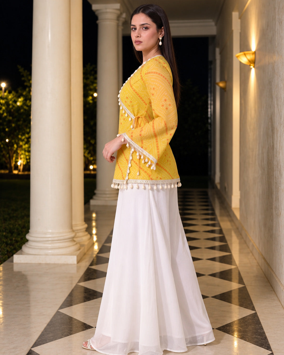 Kiara, Bandhani, Indo-Western angrakha sharara set(YELLOW)
