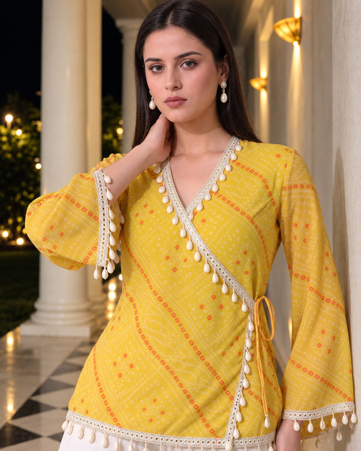 Kiara, Bandhani, Indo-Western angrakha sharara set(YELLOW)