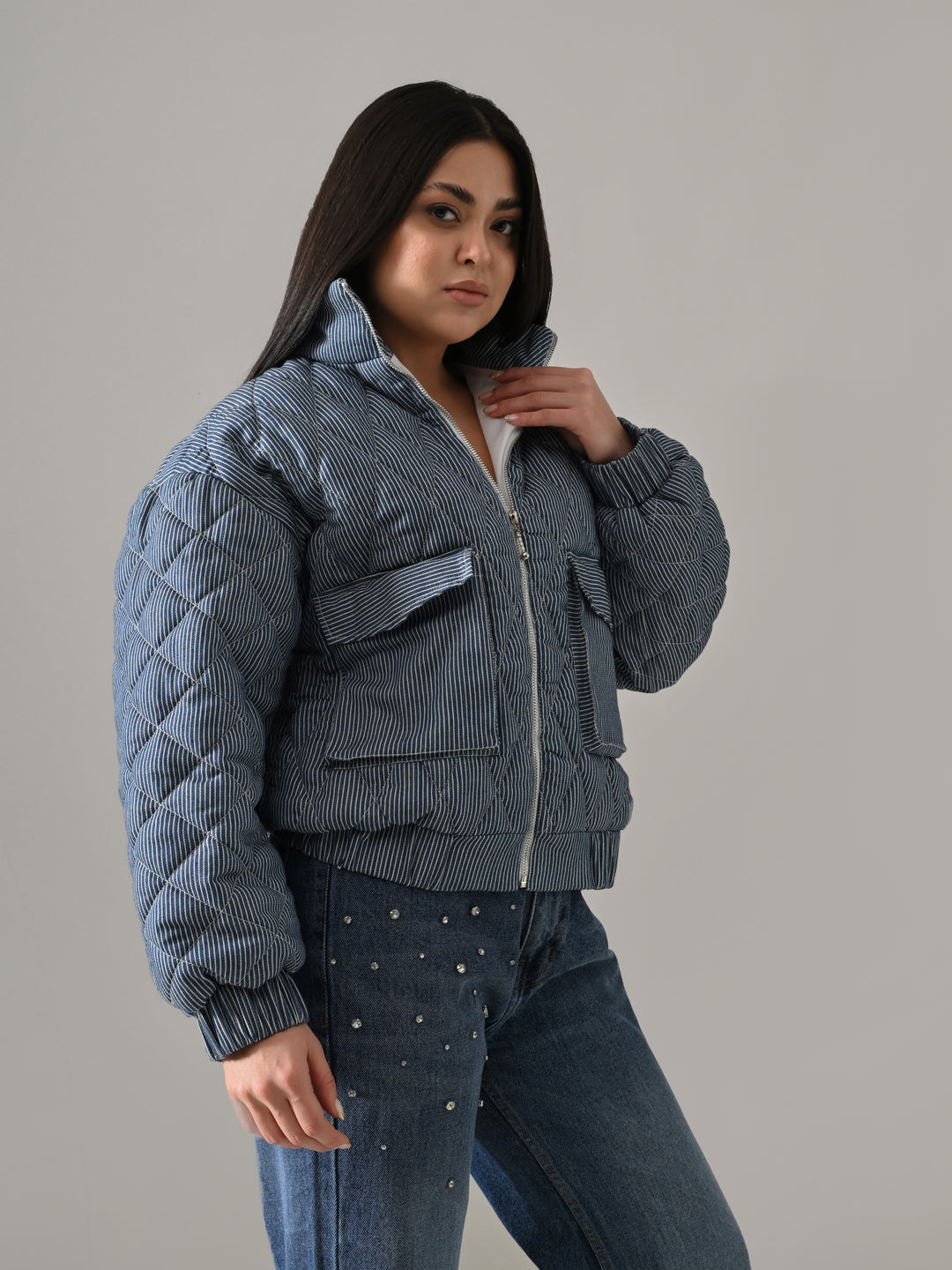 MALIA STRIPES PUFFER JACKET (DENIM BLUE)