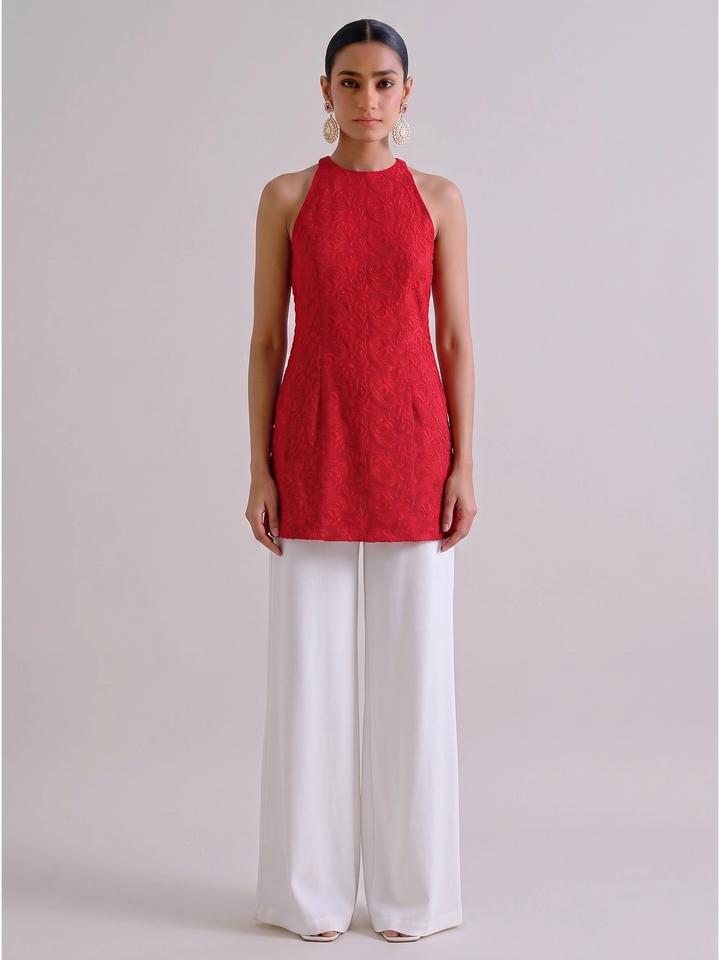 Anahi Chikankari Embroidery Co-ord Set (Red)