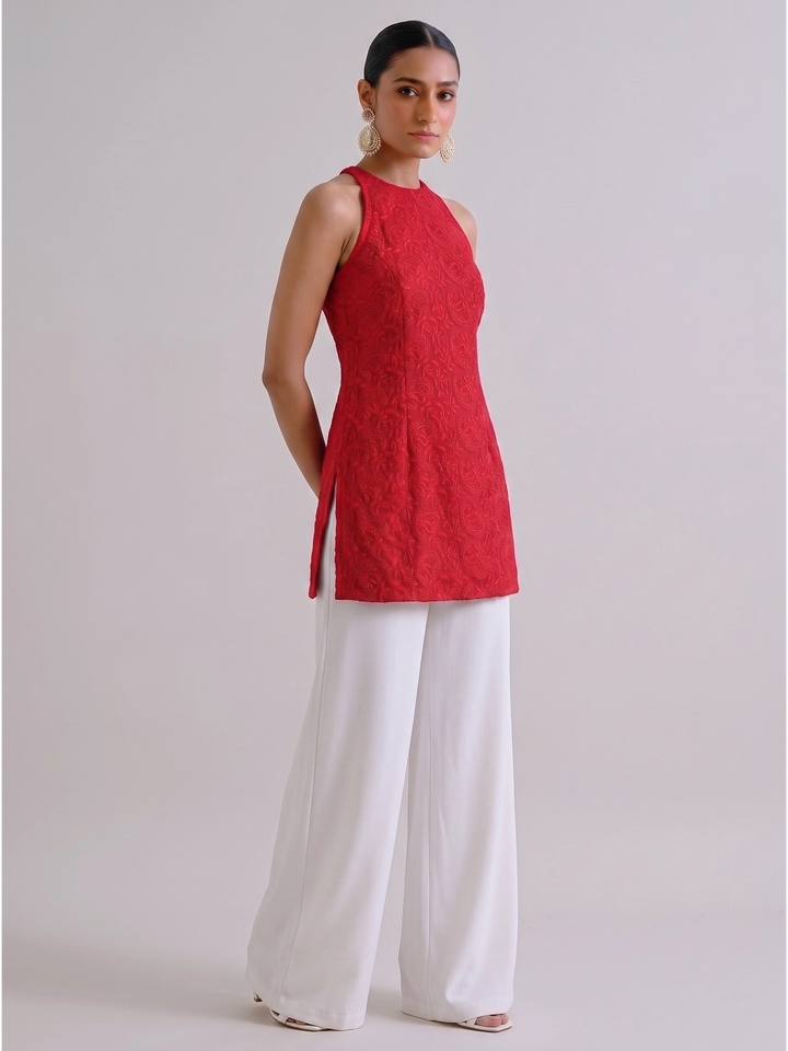 Anahi Chikankari Embroidery Co-ord Set (Red)