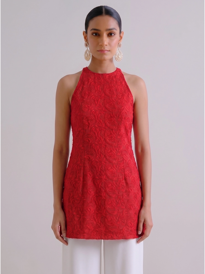 Anahi Chikankari Embroidery Co-ord Set (Red)