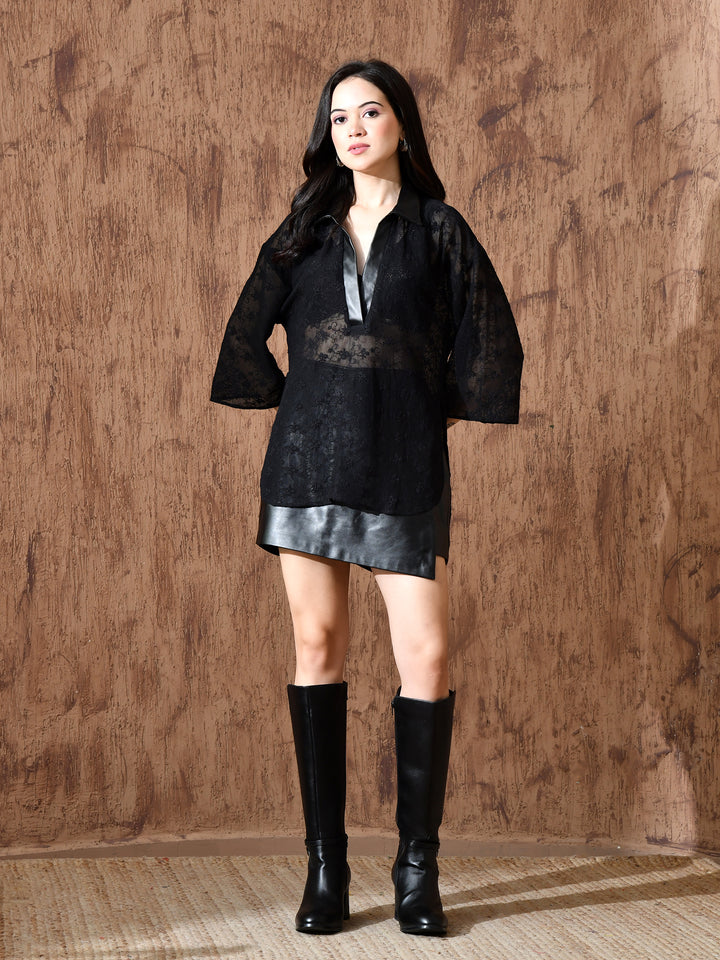 Raven Cotton Net Oversized Shirt (Black)