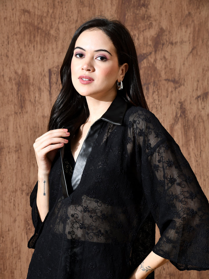 Raven Cotton Net Oversized Shirt (Black)