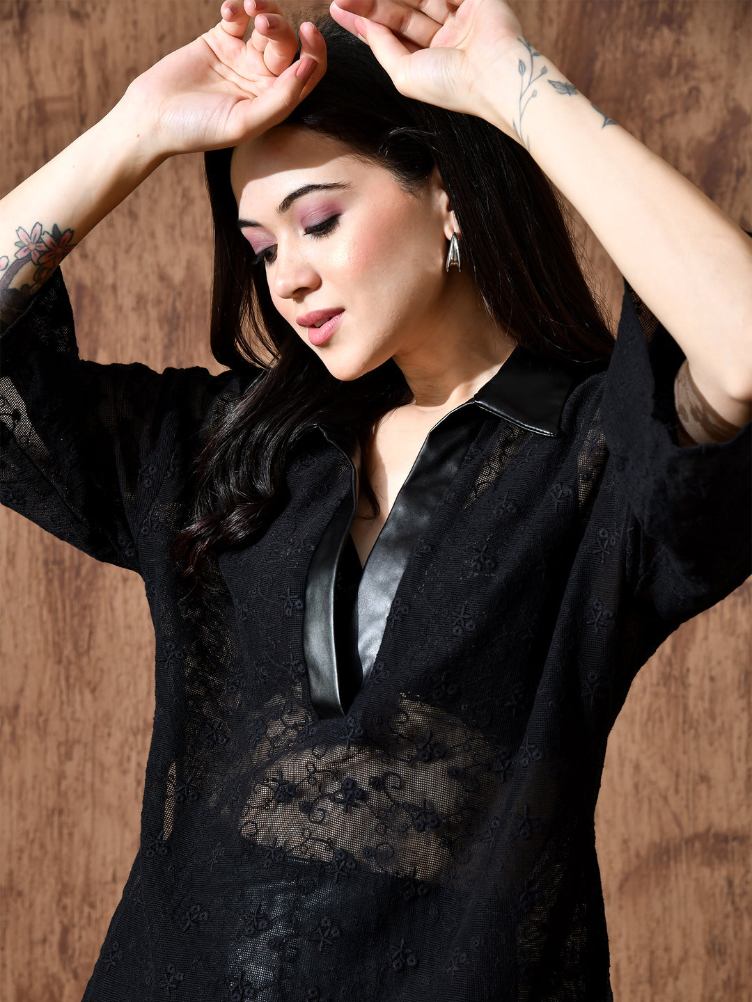 Raven Cotton Net Oversized Shirt (Black)