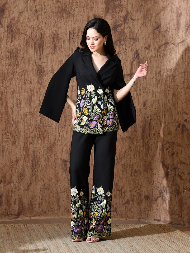 Rosalie Embroidered Banana Crepe Co-ord Set (Black)