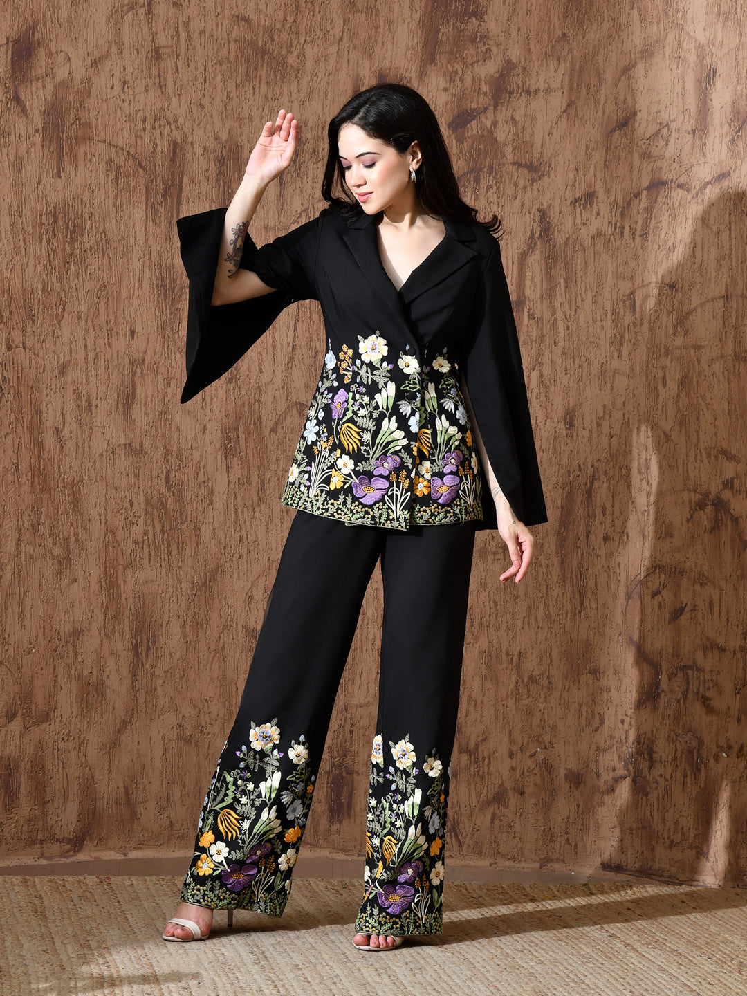 Rosalie Embroidered Banana Crepe Co-ord Set (Black)