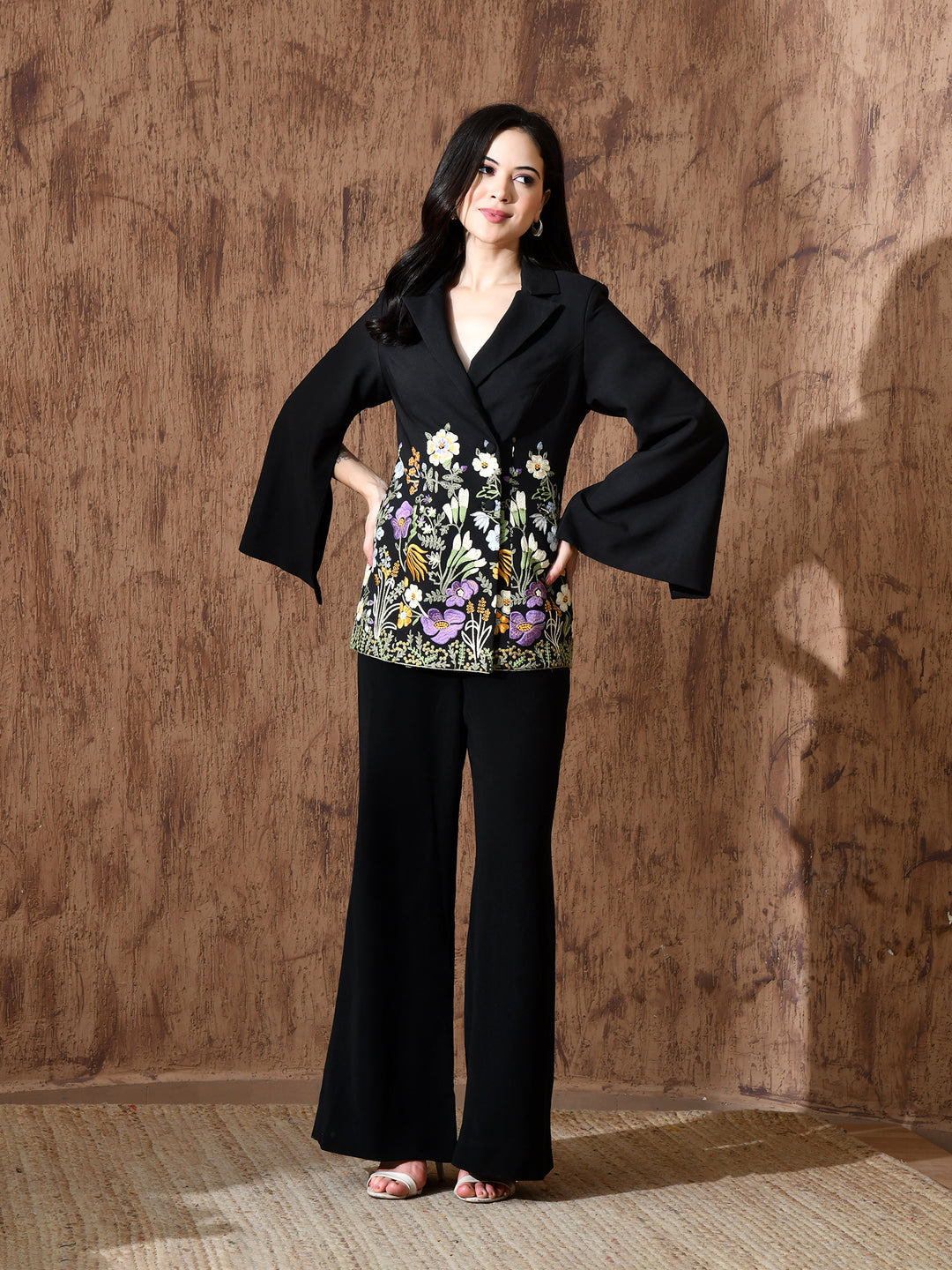 Rosalie Embroidered Banana Crepe Co-ord Set (Black)