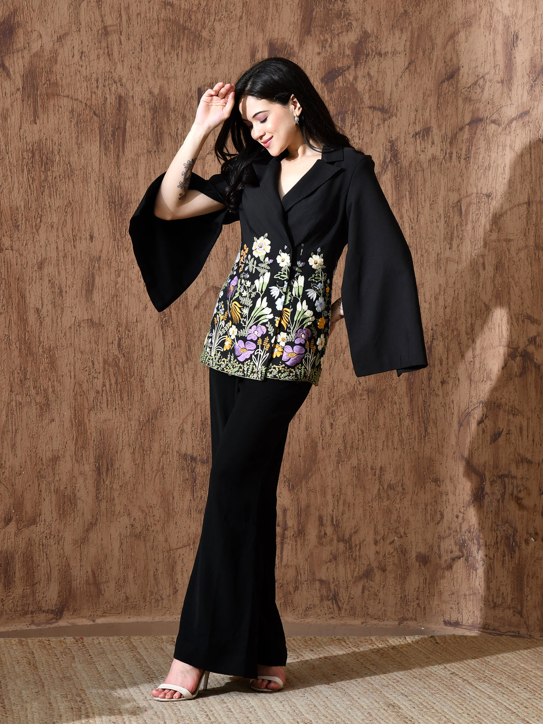 Rosalie Embroidered Banana Crepe Co-ord Set (Black)