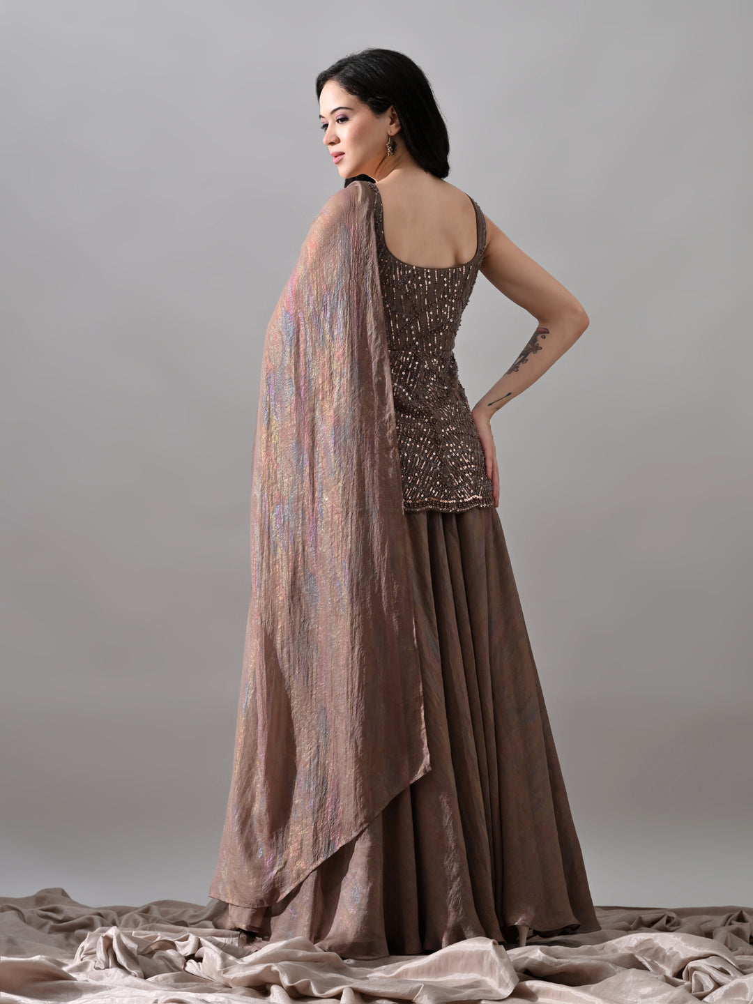 Sophia Embroidered Net Indo-Western Sharara Set (Brown)