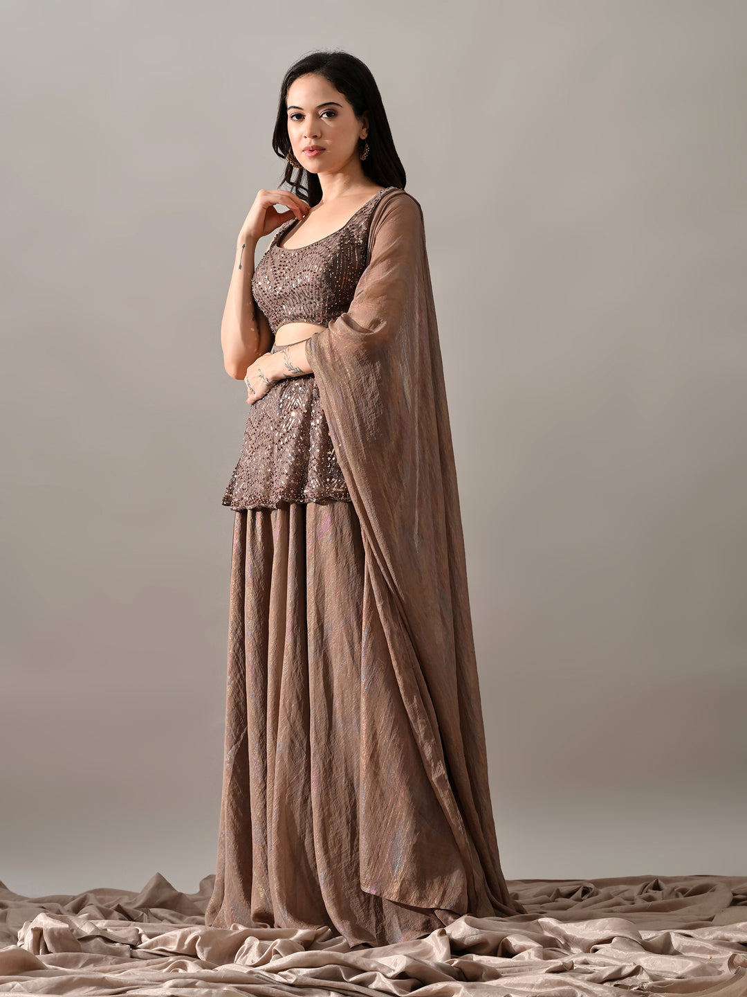 Sophia Embroidered Net Indo-Western Sharara Set (Brown)