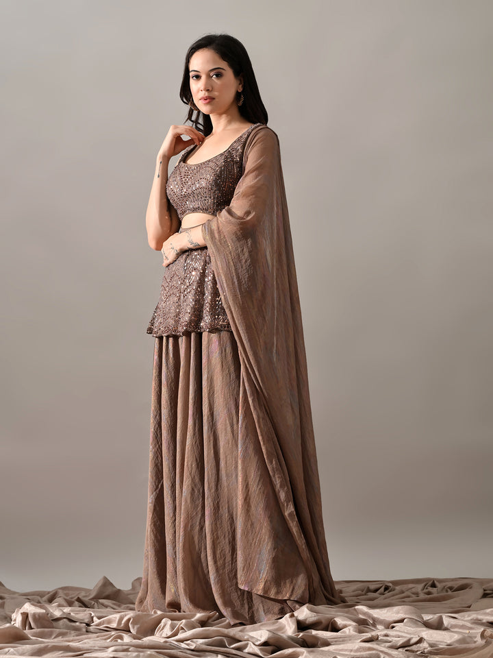 Sophia Embroidered Net Indo-Western Sharara Set (Brown)