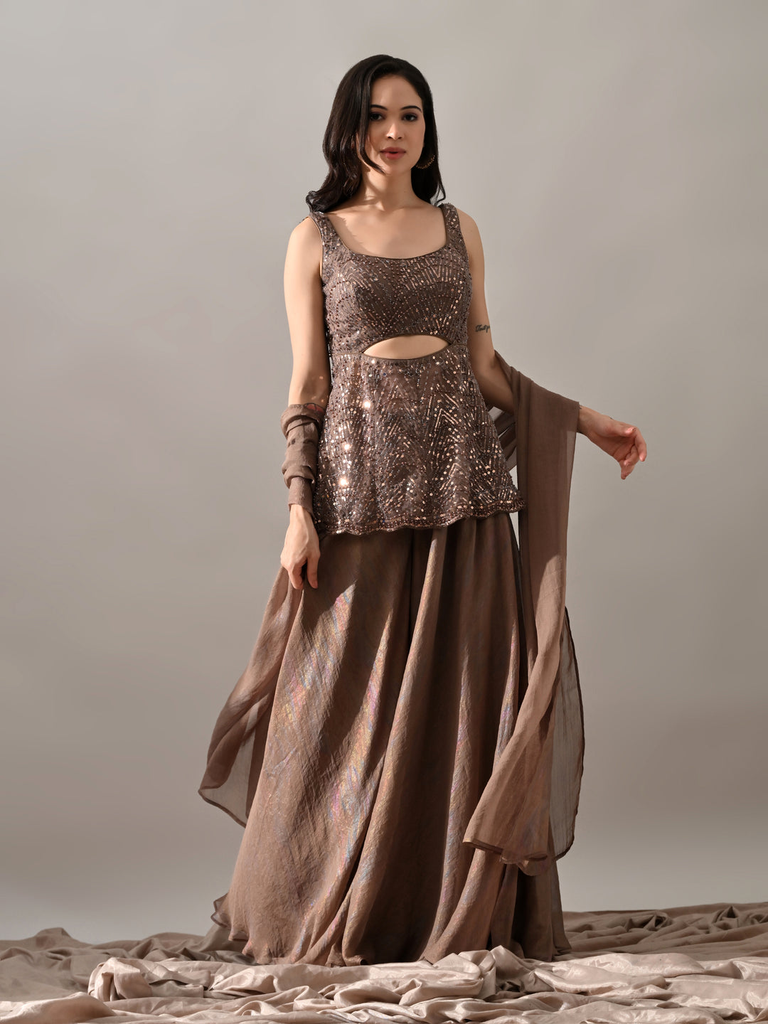 Sophia Embroidered Net Indo-Western Sharara Set (Brown)