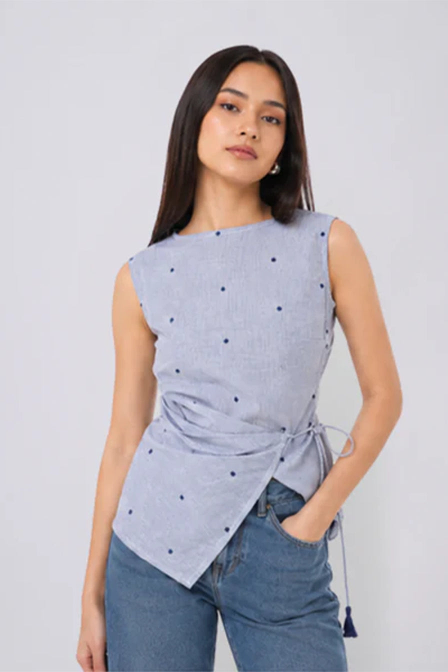 Selah Polka Dot Cotton Blend Top (Blue)