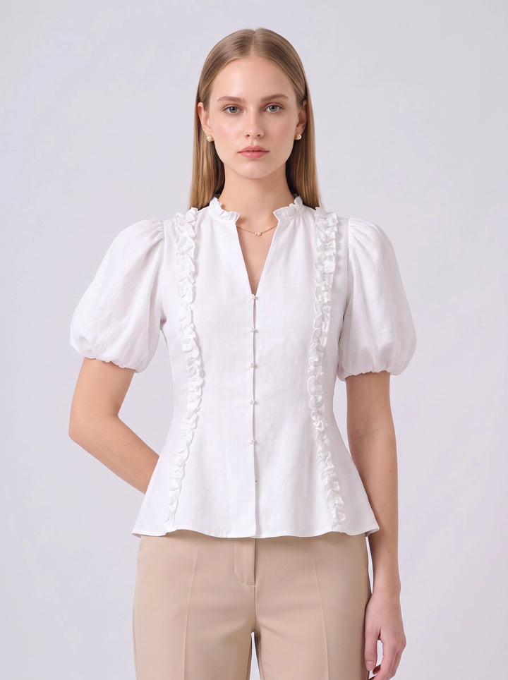 Ilha Ruffle Puff Sleeve Cotton Top (White)