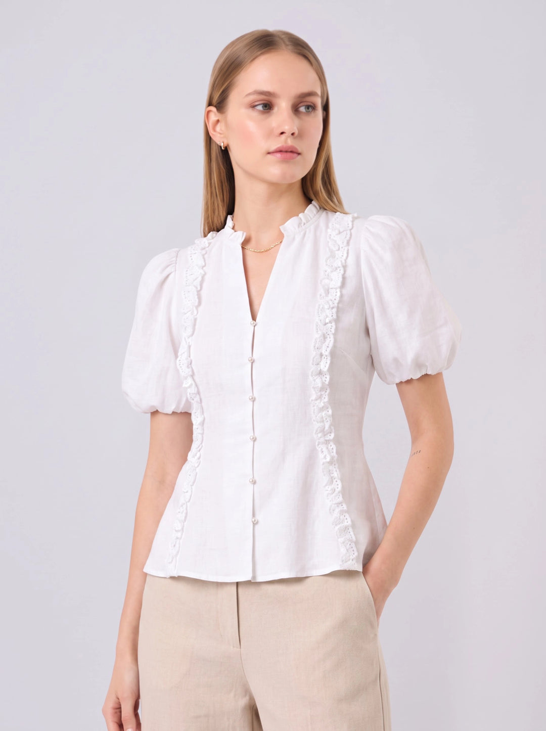 Ilha Ruffle Puff Sleeve Cotton Top (White)