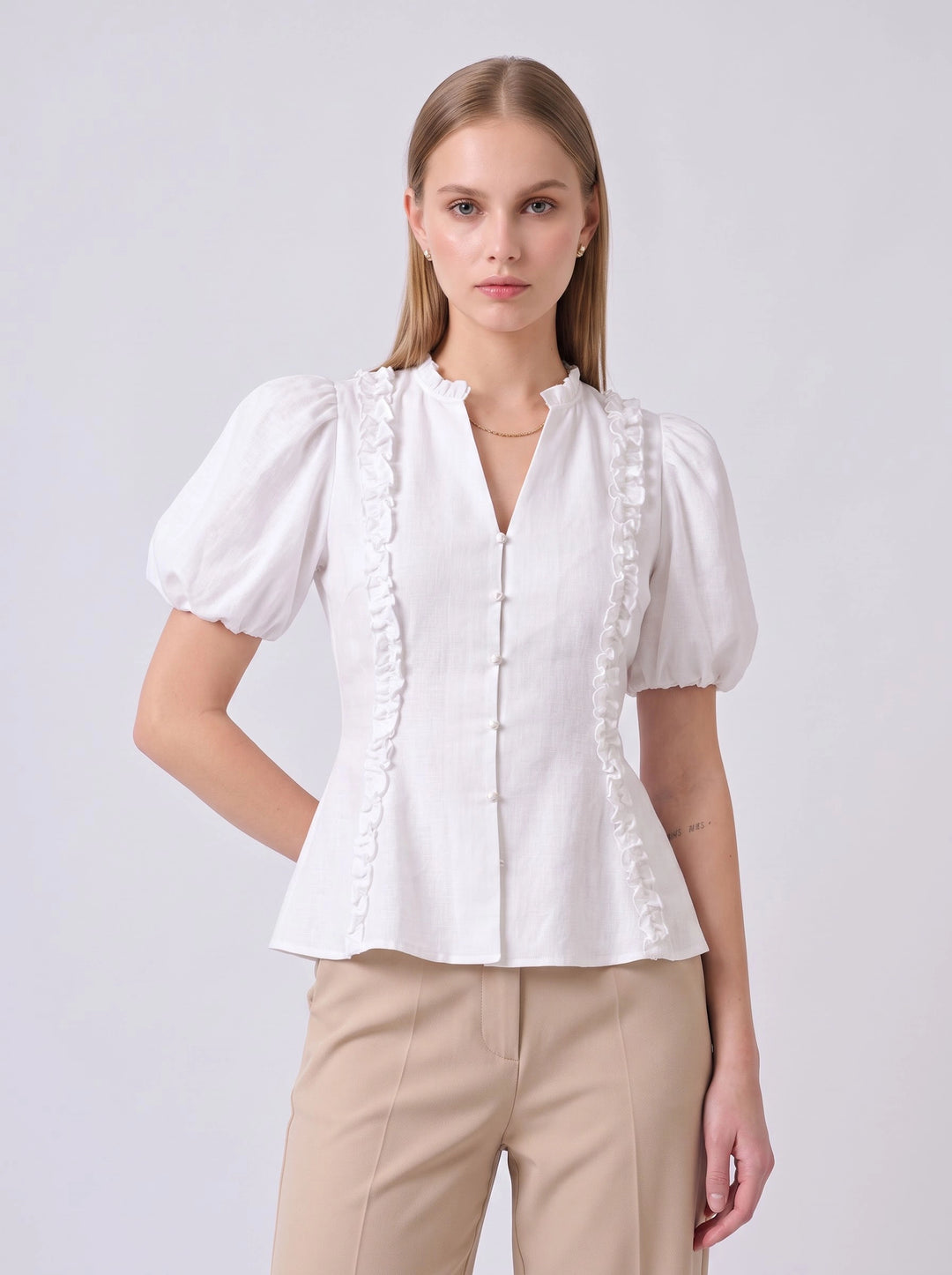 Ilha Ruffle Puff Sleeve Cotton Top (White)