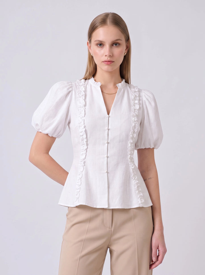 Ilha Ruffle Puff Sleeve Cotton Top (White)