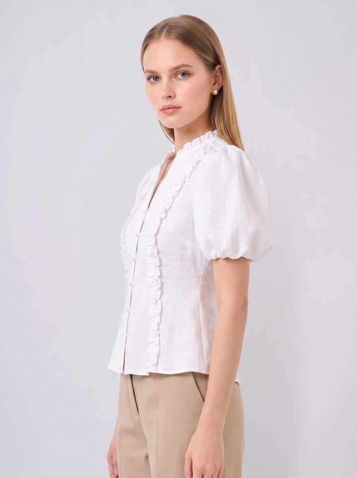 Ilha Ruffle Puff Sleeve Cotton Top (White)