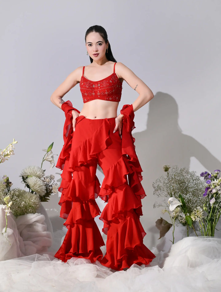 Asmaira Red Indo-Western Ruffle Set