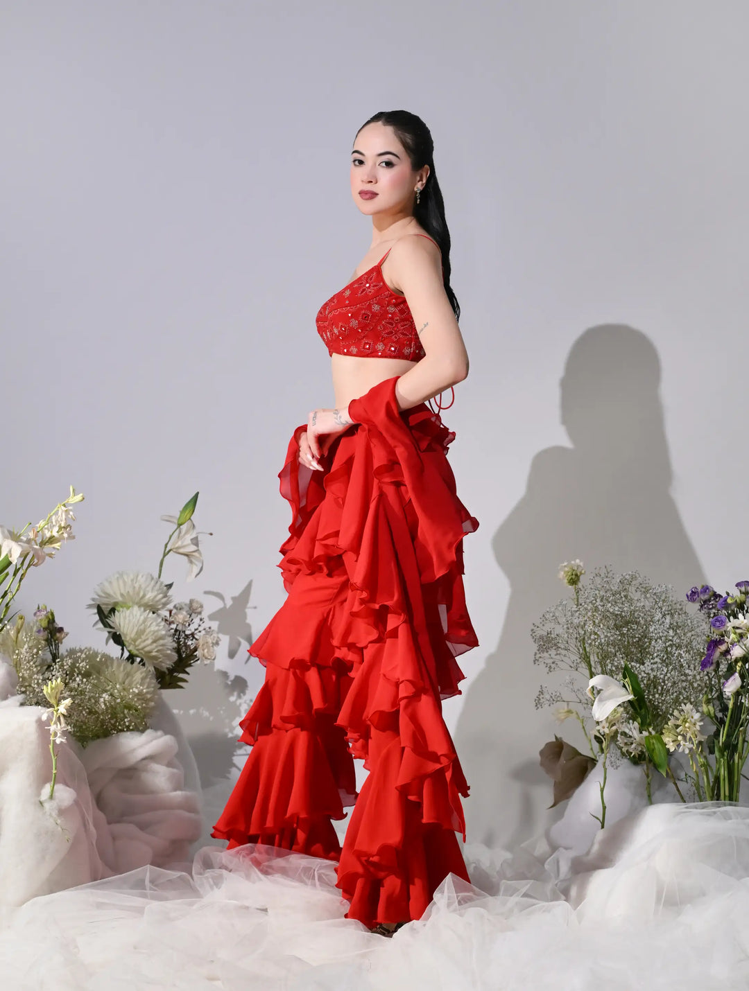 Asmaira Red Indo-Western Ruffle Set
