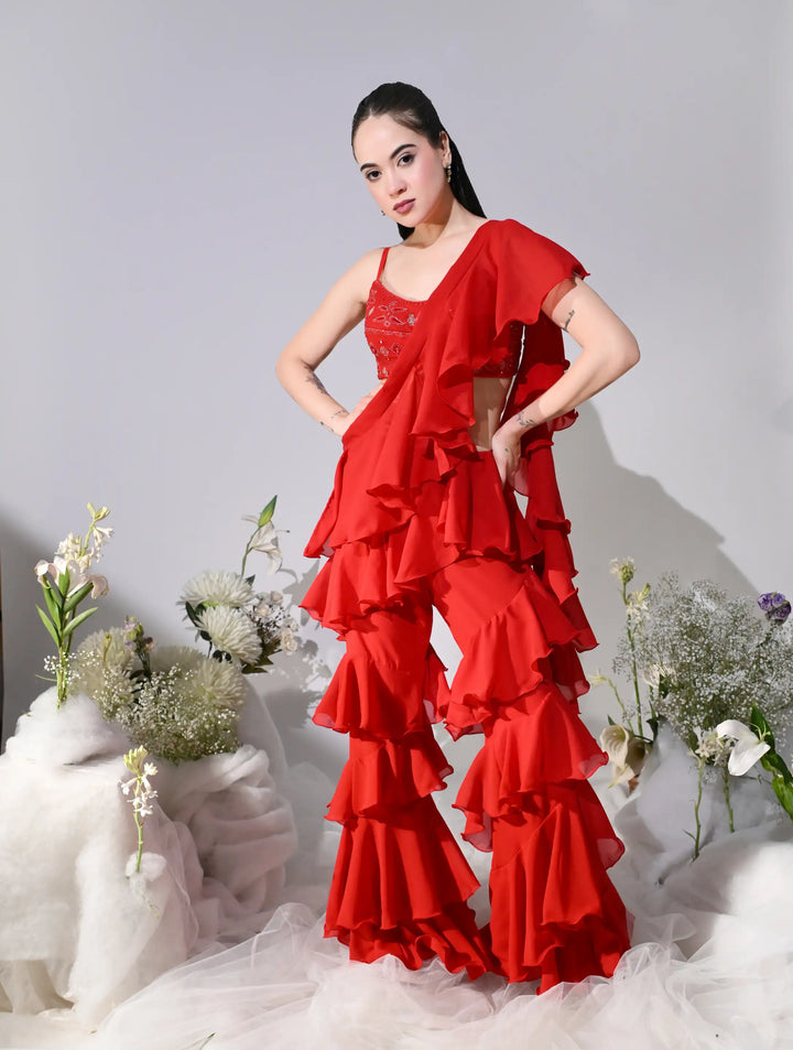 Asmaira Red Indo-Western Ruffle Set