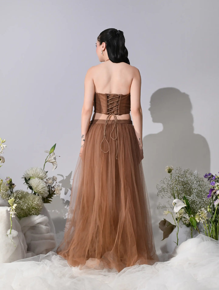 Airen Mocha Brown Mesh Lehenga Set