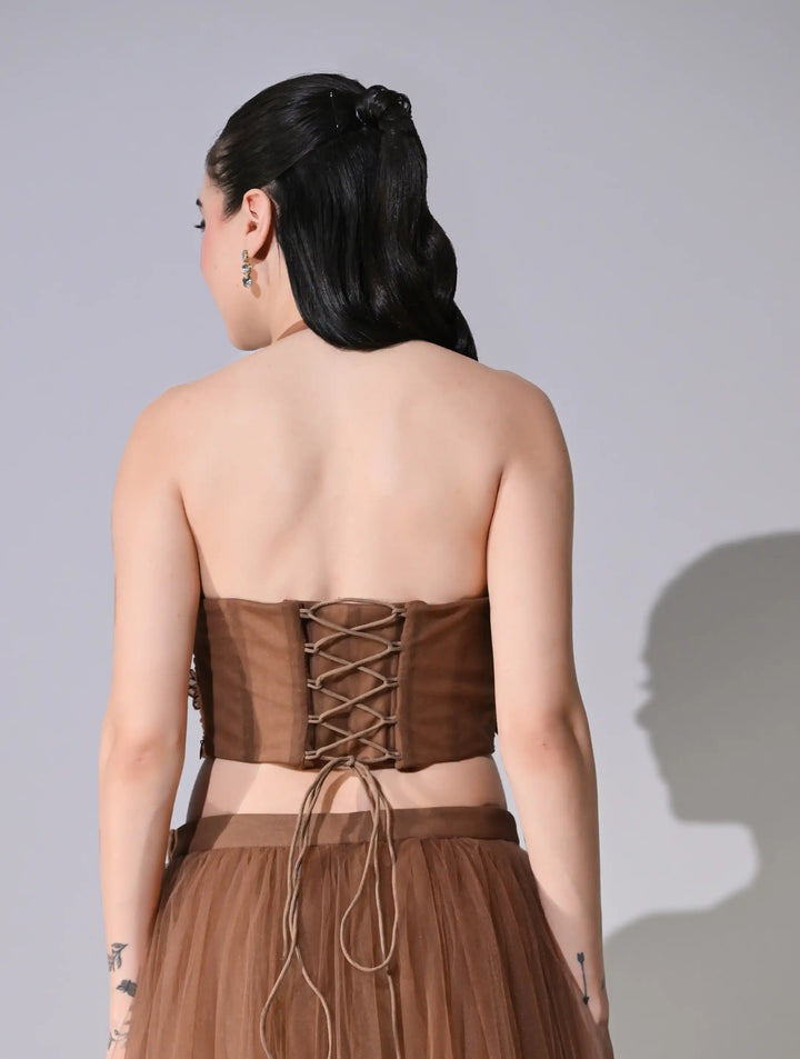 Airen Mocha Brown Mesh Lehenga Set