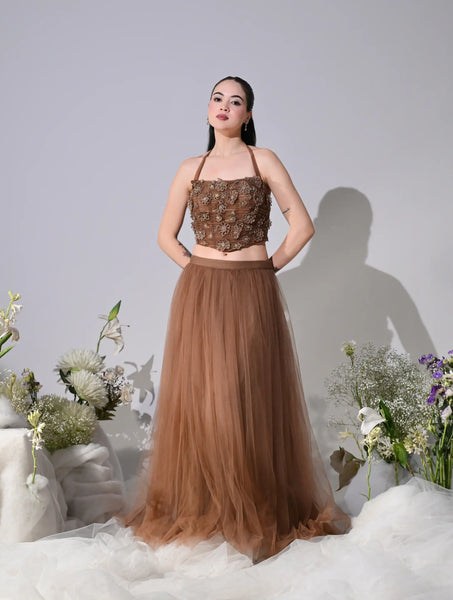 Airen Mocha Brown Mesh Lehenga Set