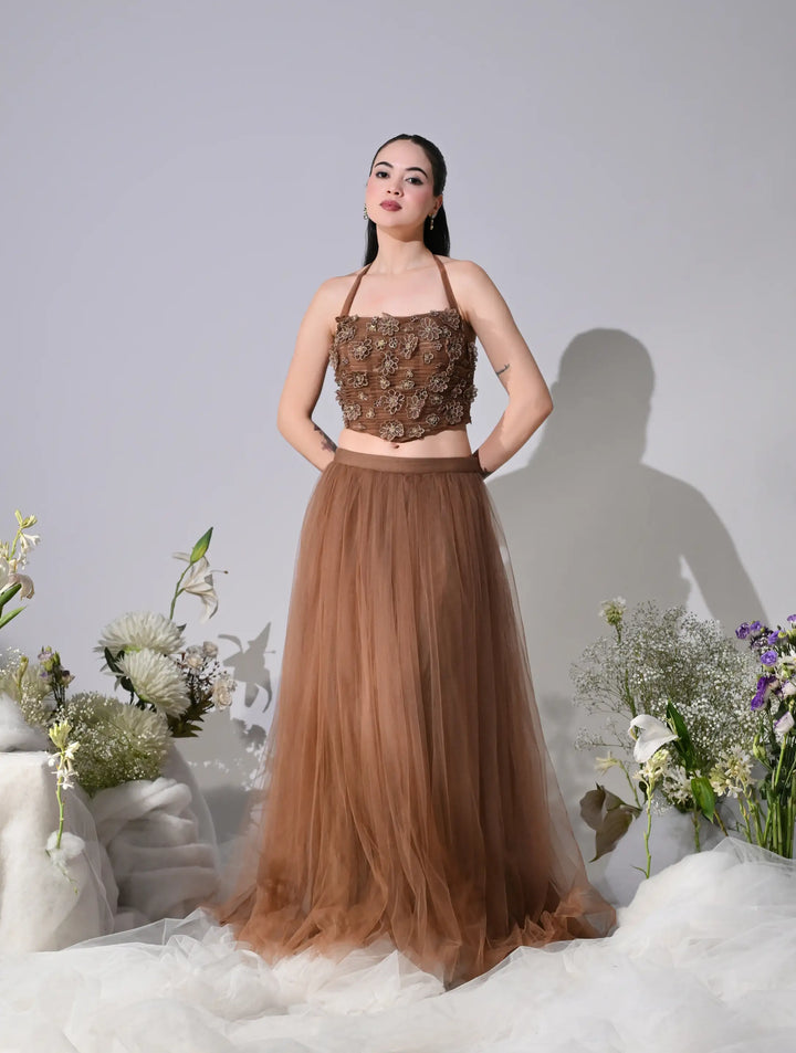 Airen Mocha Brown Mesh Lehenga Set