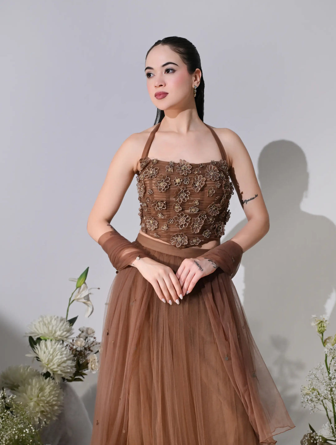 Airen Mocha Brown Mesh Lehenga Set
