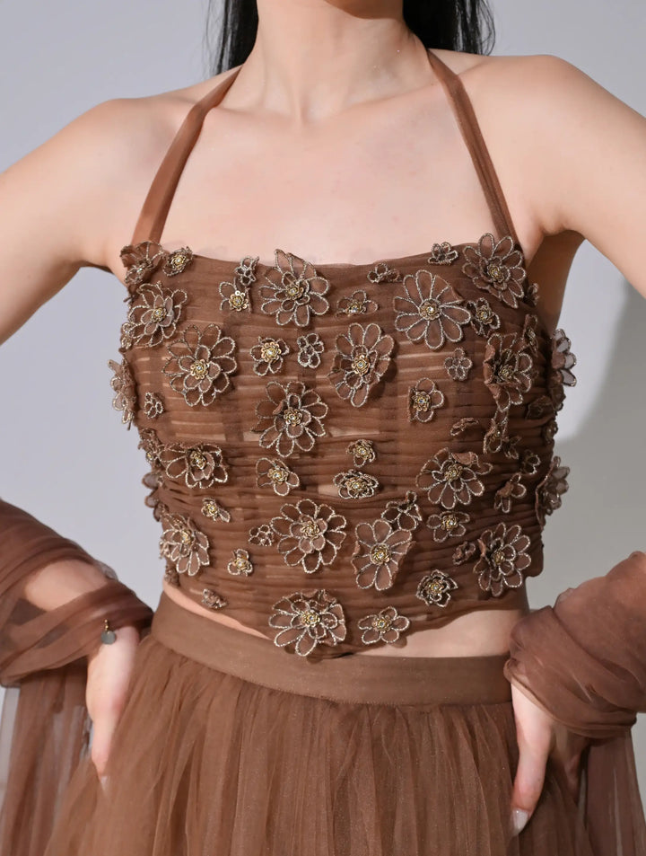 Airen Mocha Brown Mesh Lehenga Set