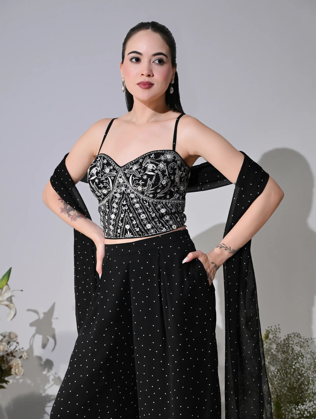 Diana Black Polka Dot Georgette Set