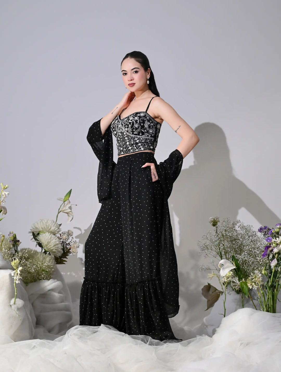 Diana Black Polka Dot Georgette Set