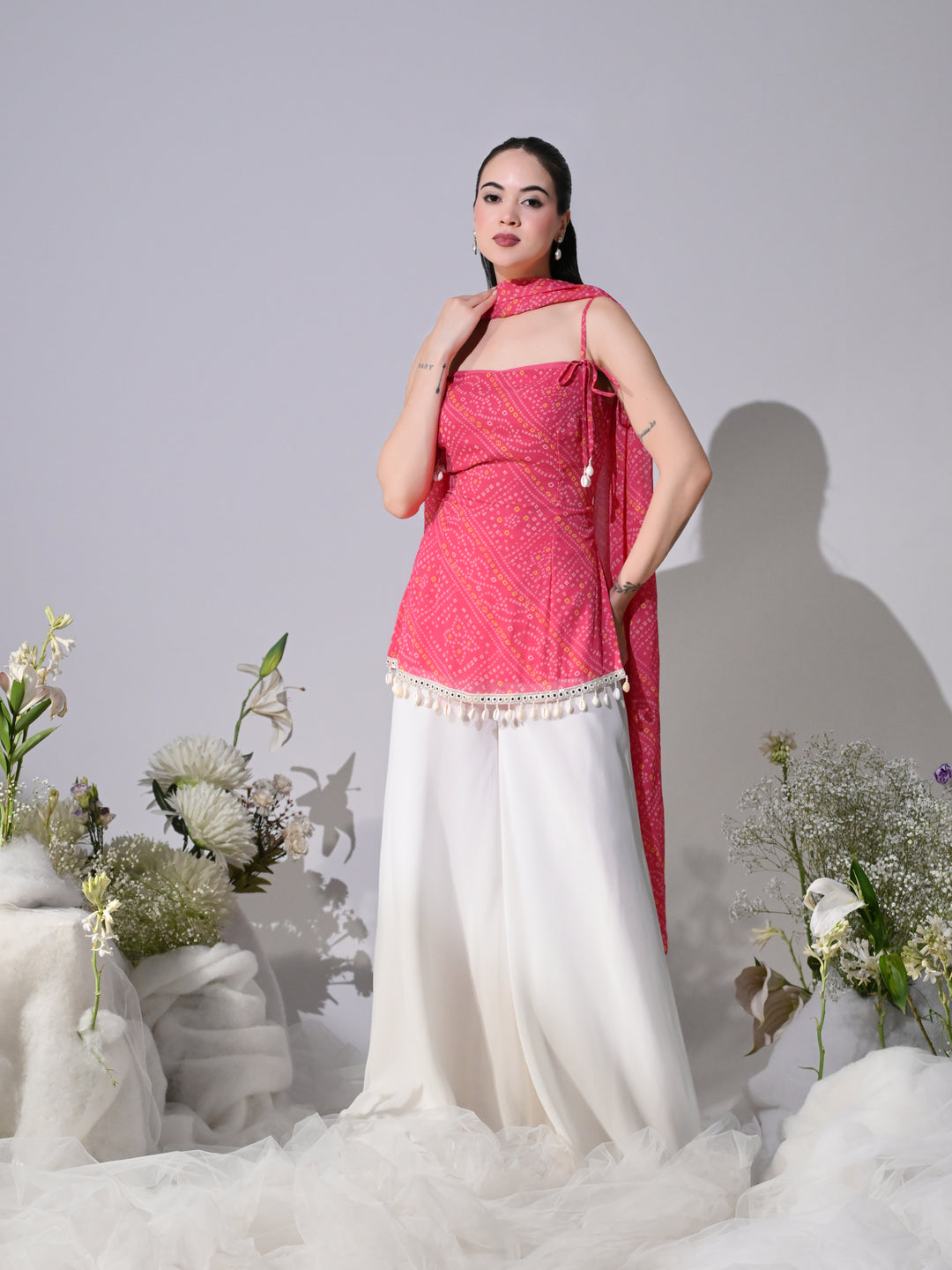 Leela Bandhani Print Georgette Co-ord Set (Pink)