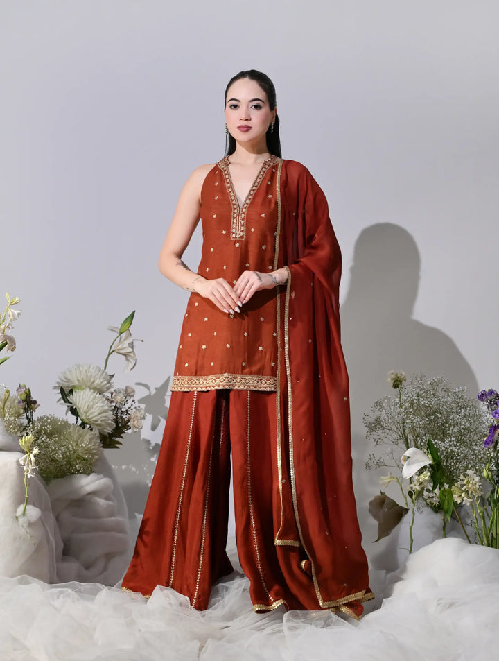 Aurelia Burnt Orange Chanderi Sharara Set