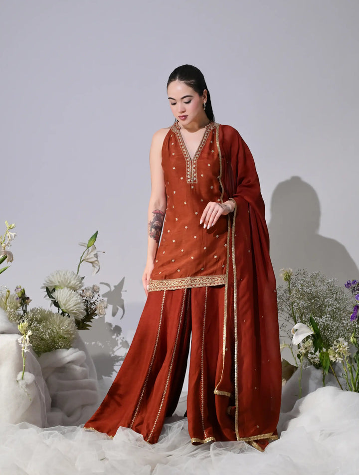 Aurelia Burnt Orange Chanderi Sharara Set