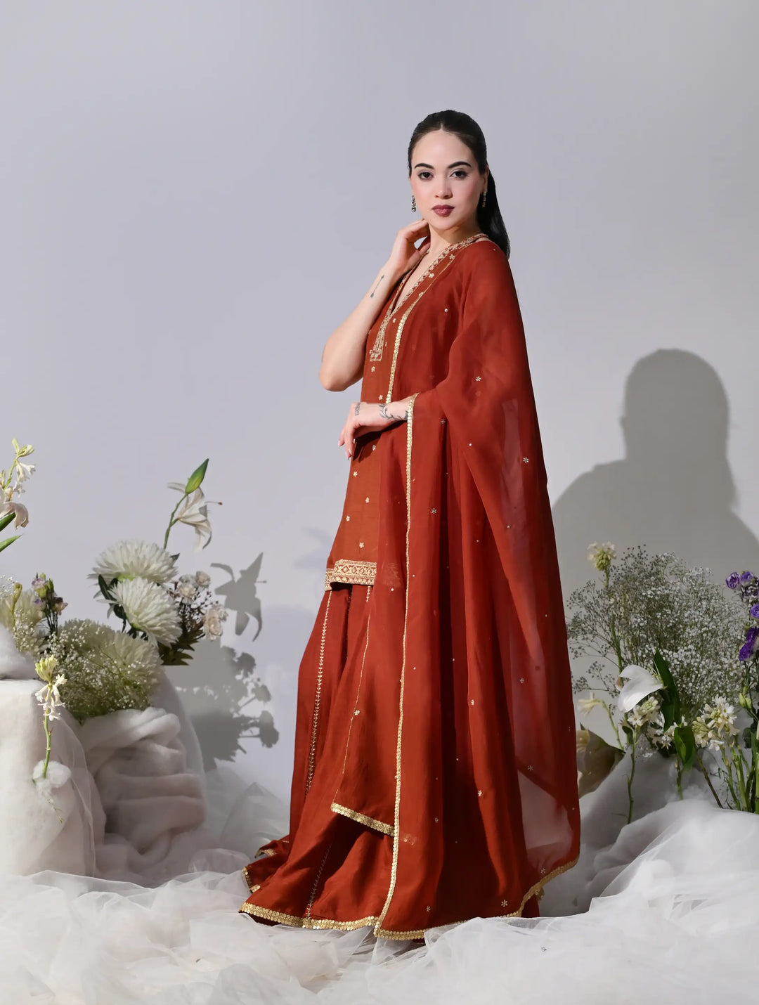Aurelia Burnt Orange Chanderi Sharara Set