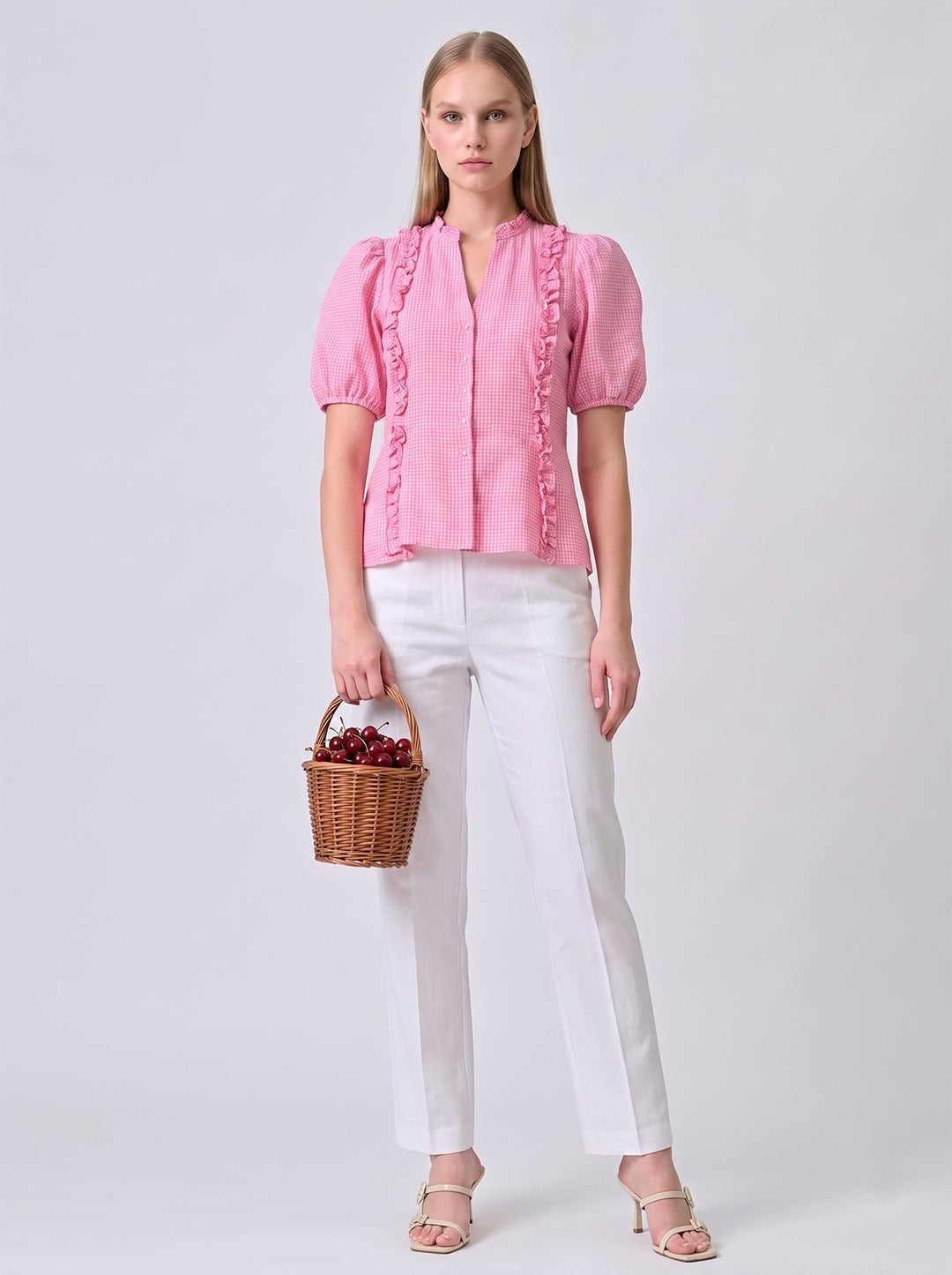 REIZE Pink Gingham Puff Sleeve Top