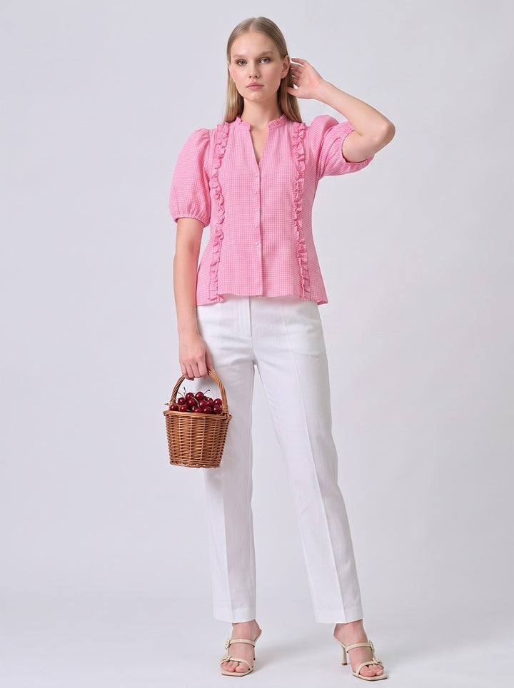 REIZE Pink Gingham Puff Sleeve Top