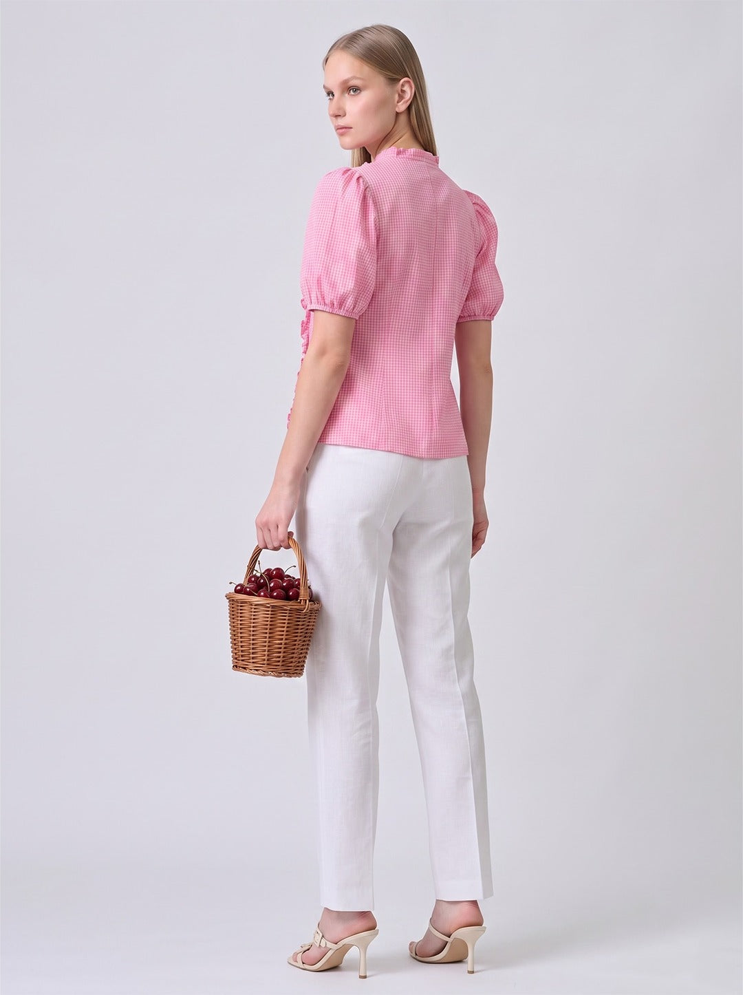 REIZE Pink Gingham Puff Sleeve Top
