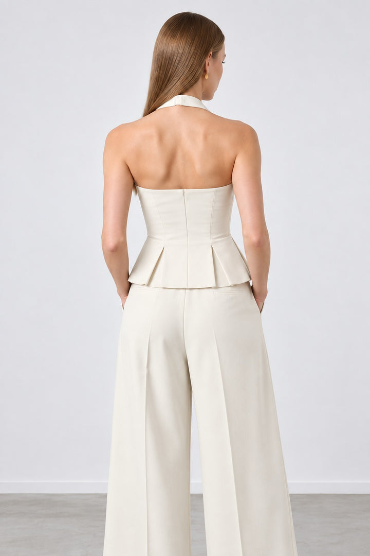 RHYLEE IVORY HALTER PEPLUM TOP