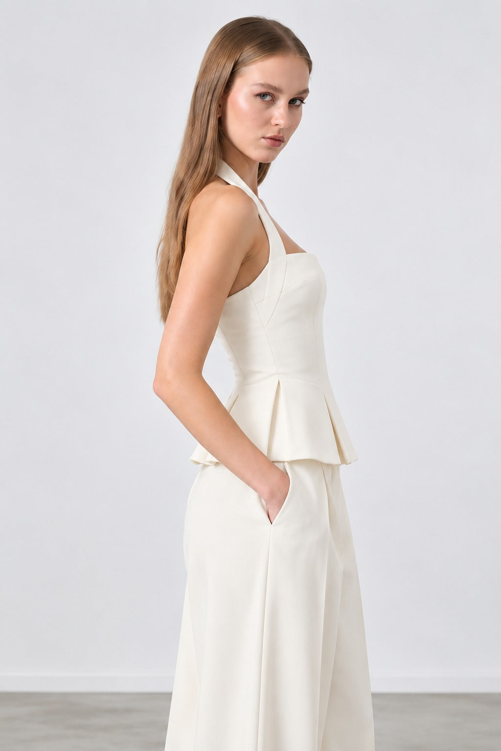 RHYLEE IVORY HALTER PEPLUM TOP
