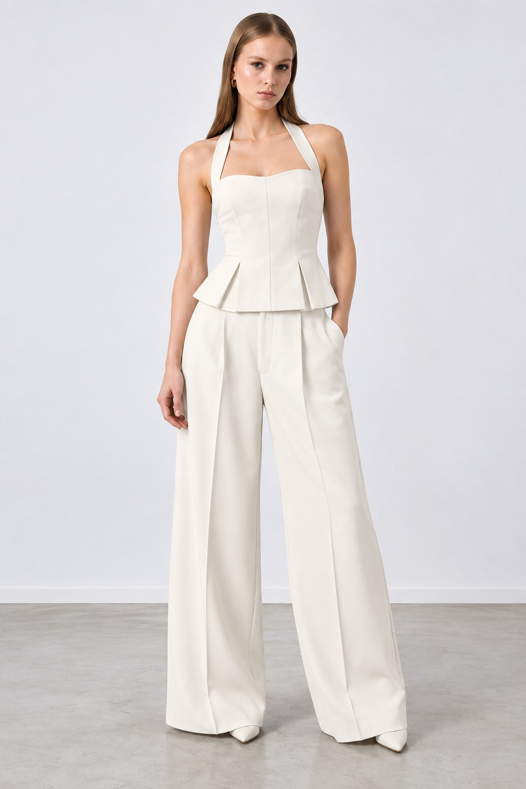RHYLEE IVORY HALTER PEPLUM TOP