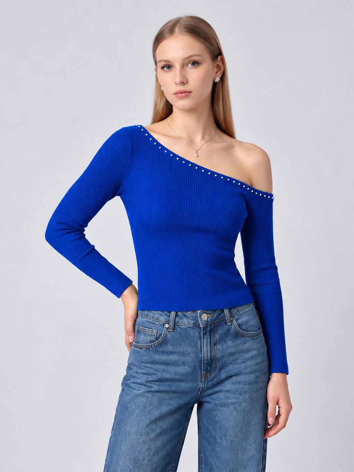 NEITH BLUE ONE-SHOULDER TOP