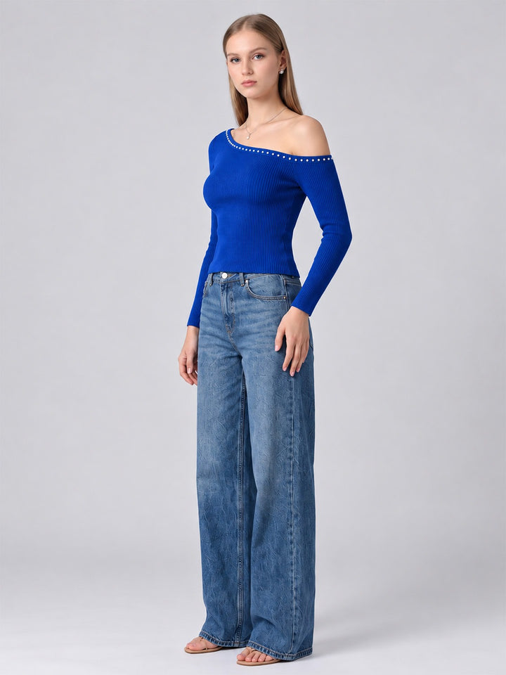 NEITH BLUE ONE-SHOULDER TOP