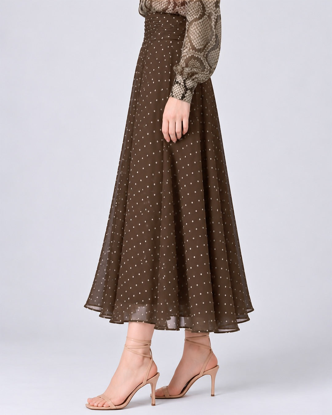 CLEO BROWN POLKA DOT FLARED SKIRT