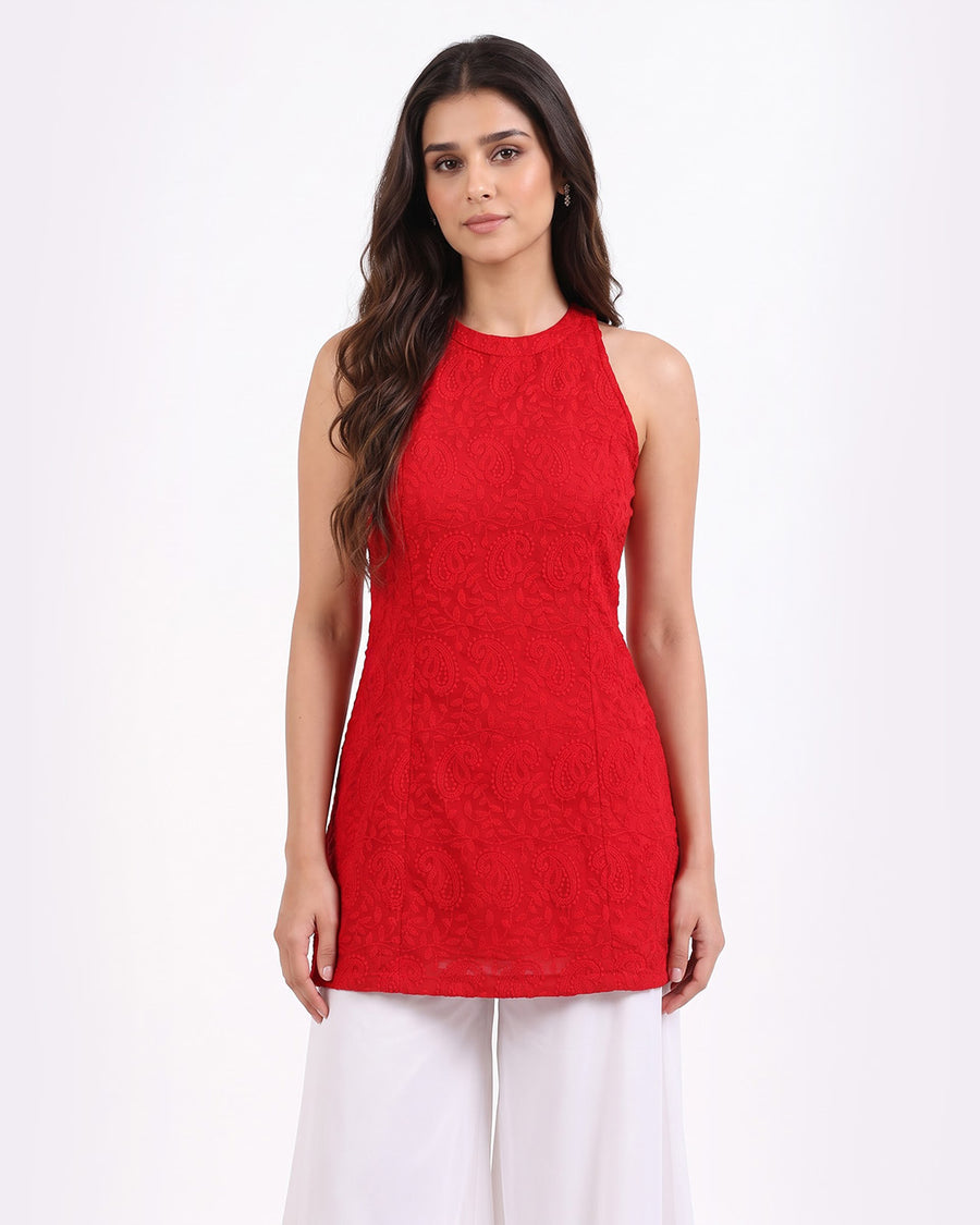 Anahi Chikankari Embroidery Co-ord Set (Red)